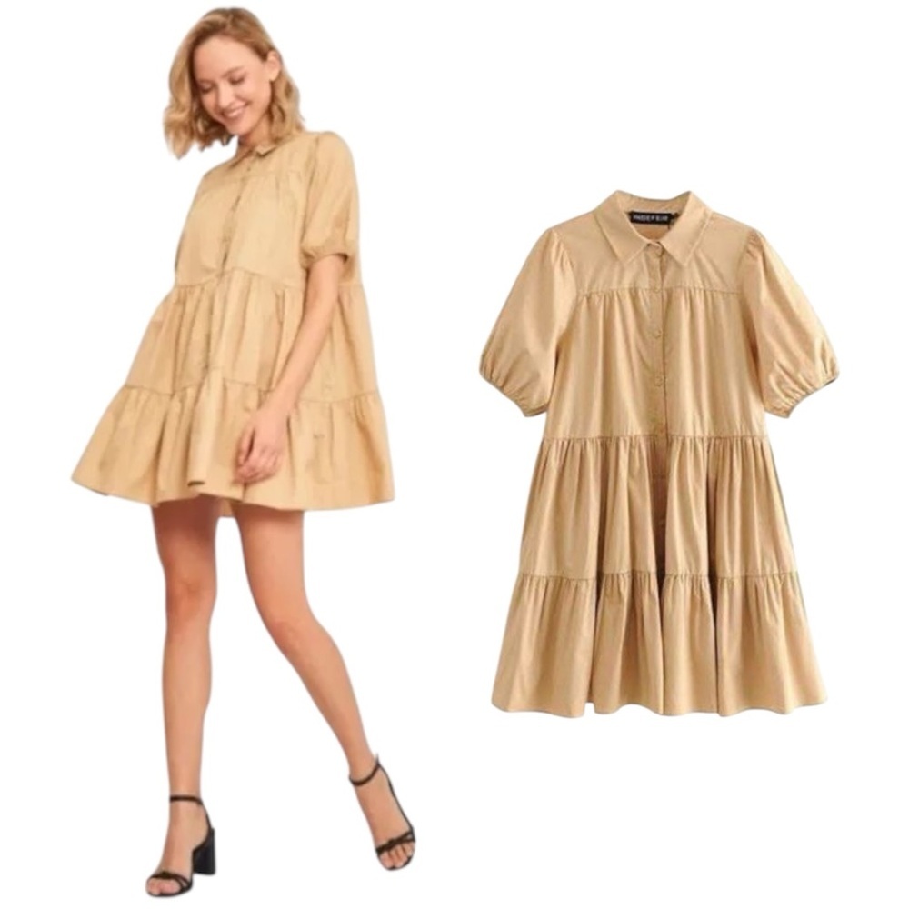 Zara Tan Puff Sleeved Button Down Collared Poplin Mini Dress 0140